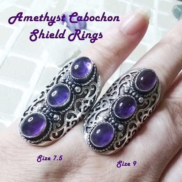 Genuine Amethyst Cabochon Shield Ring - Size 7.5 or 9! Trendy Boho Sexy Chic - Picture 3 of 12